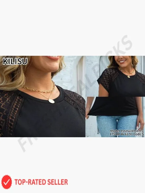 Lace Short Sleeve Tee Elegant Casual Chic Summer Blouse Trendy Basic Top - Picture 5 of 5